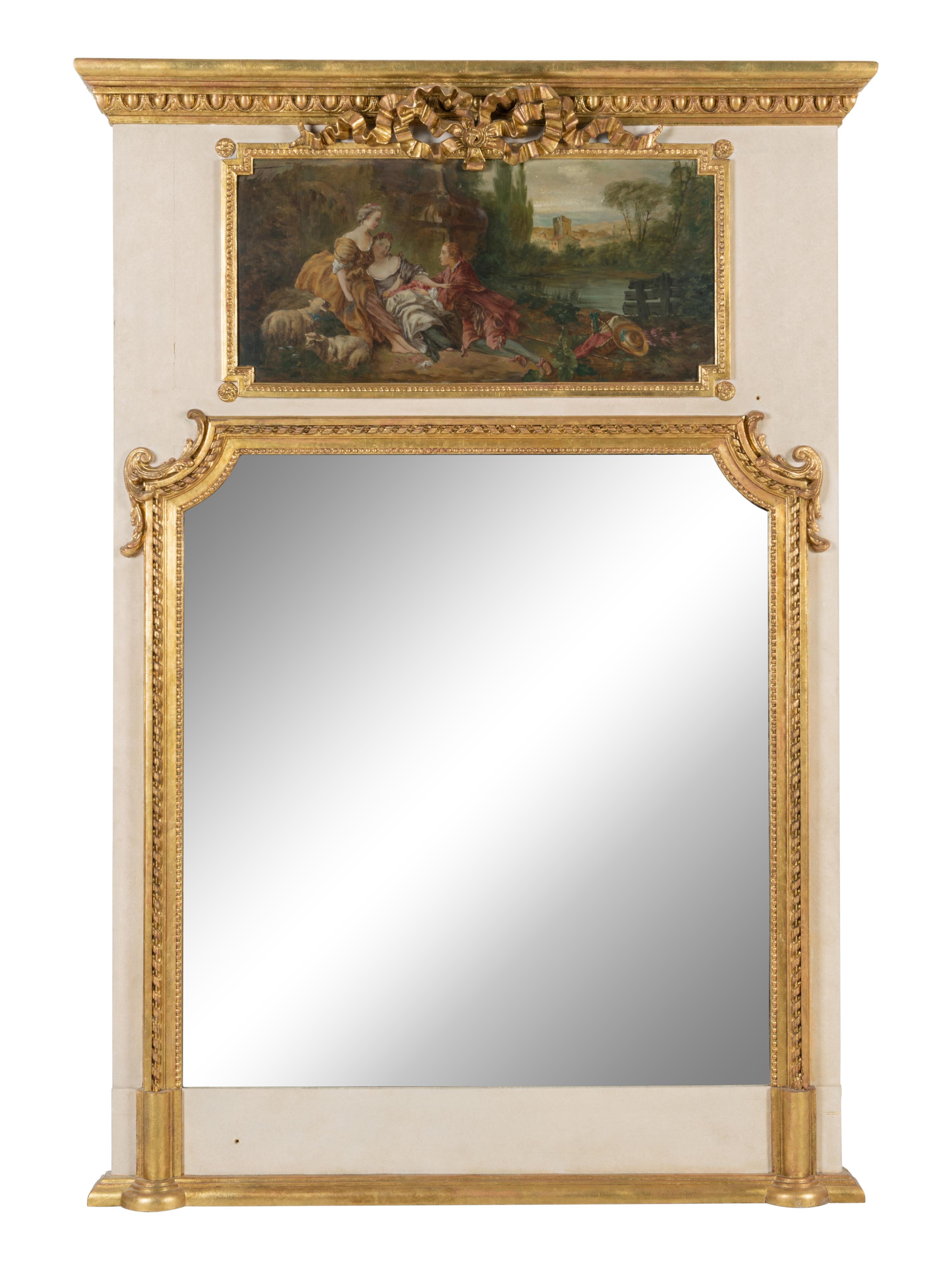A French Painted and Parcel Gilt Trumeau Mirror