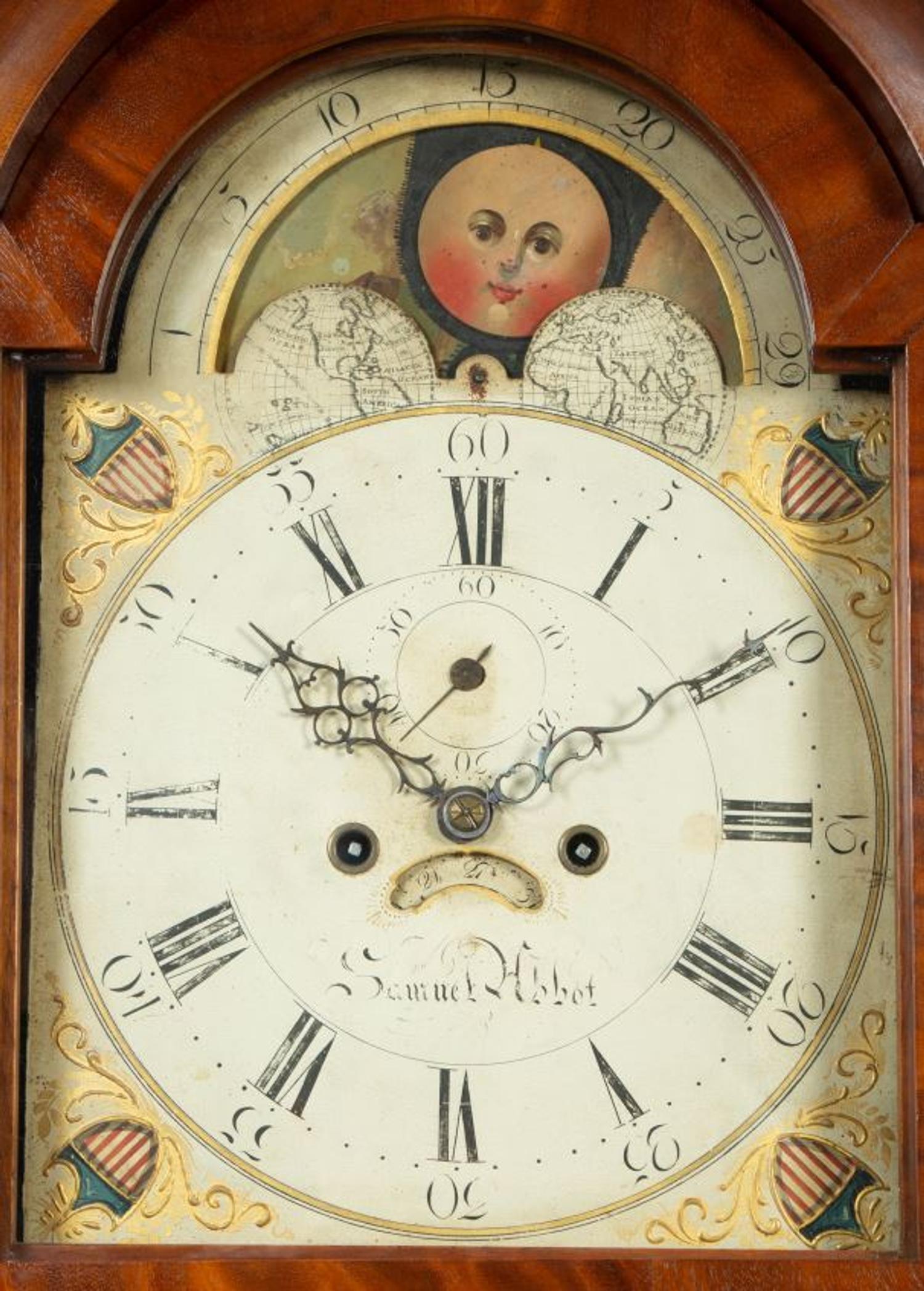 An American Satinwood Inlaid Mahogany Tall Case Clock with Works by Samuel Abbot — EARLY 19TH CENTURY