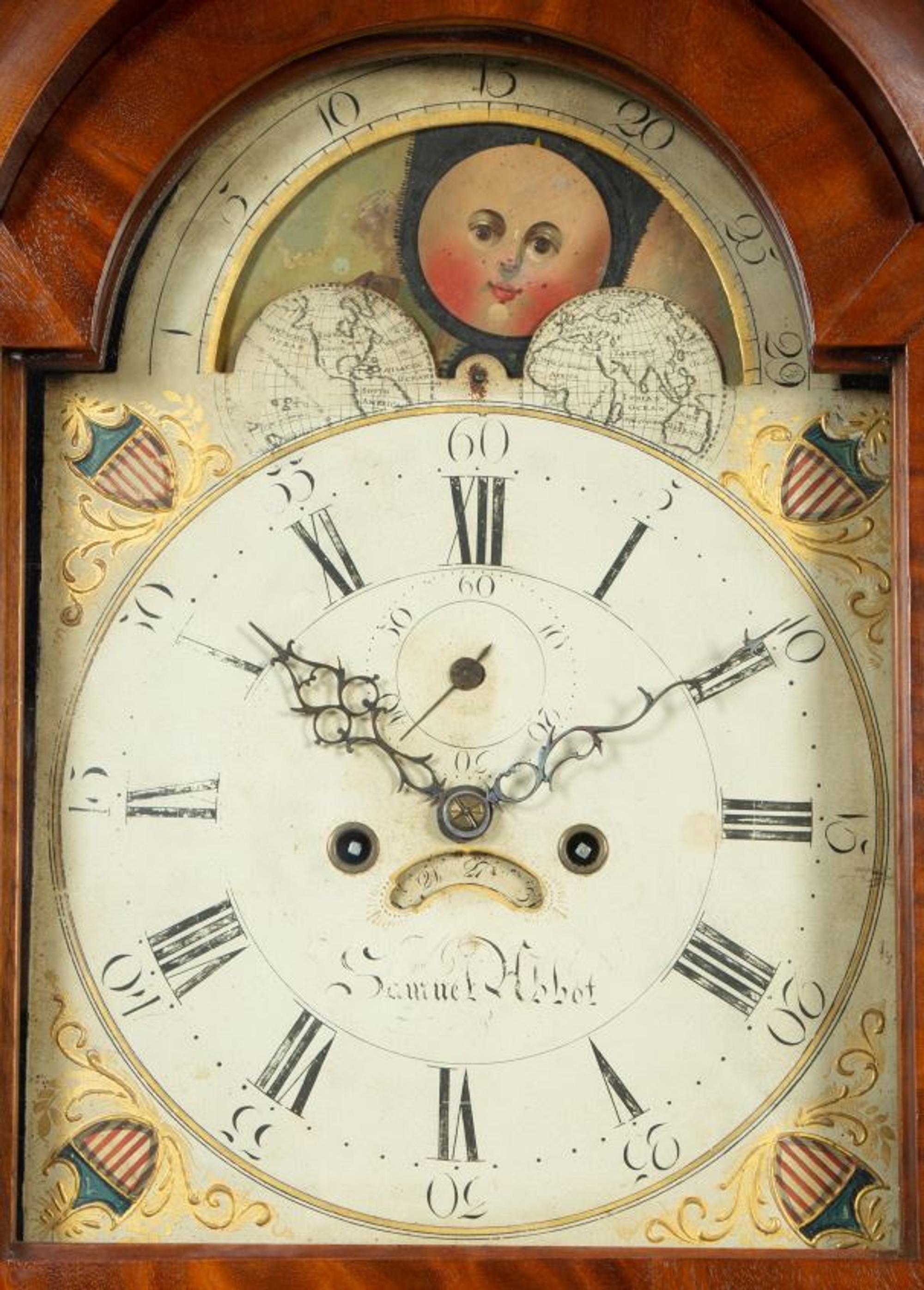 An American Satinwood Inlaid Mahogany Tall Case Clock with Works by Samuel Abbot — EARLY 19TH CENTURY