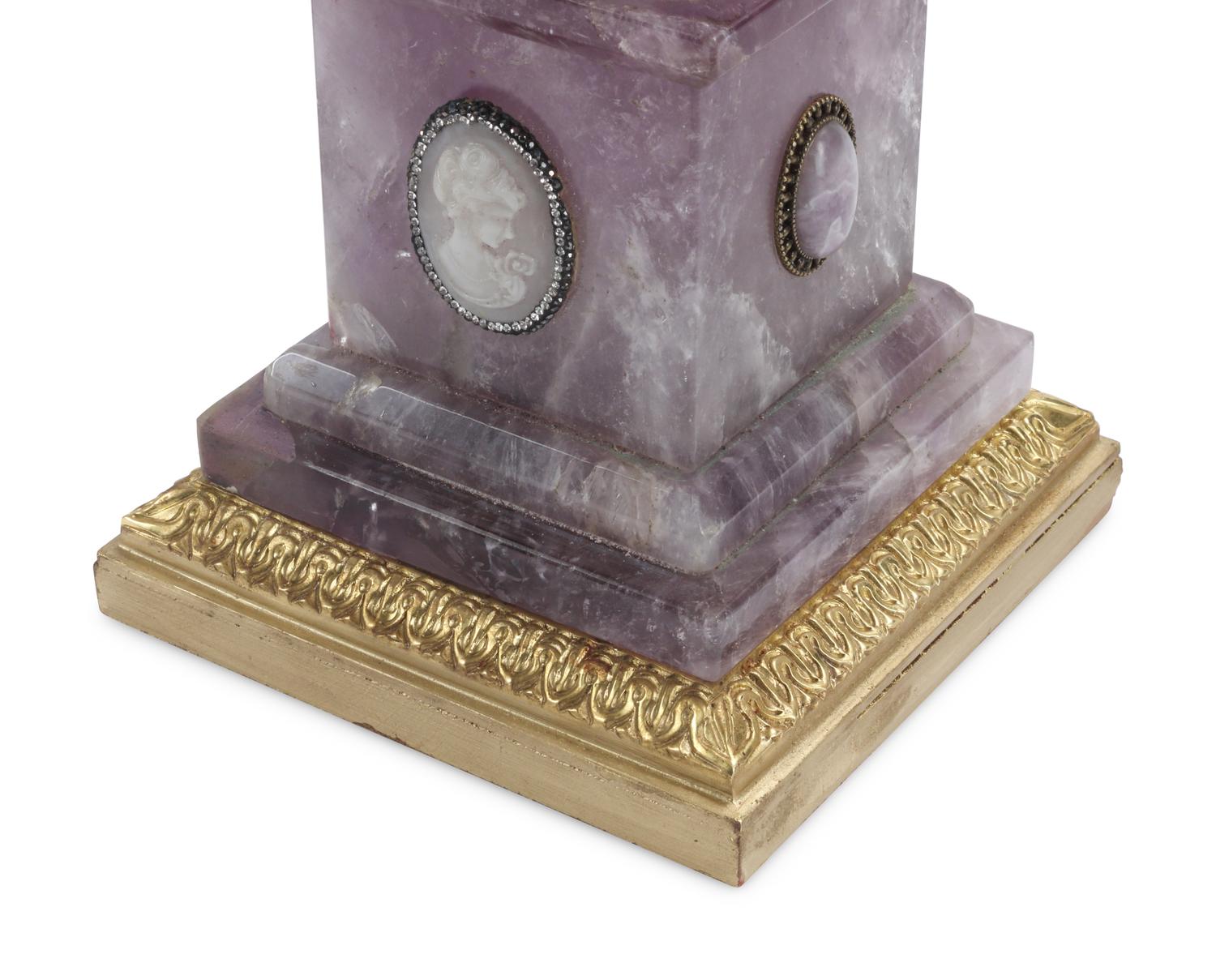 A Pair of Jeweled Amethyst Urns on Giltwood Bases