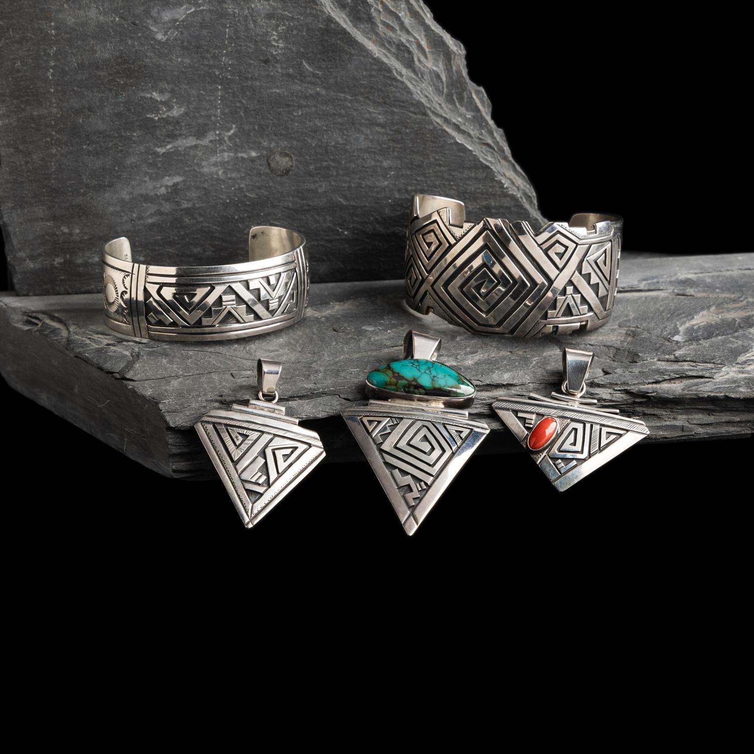 Peter Nelson (Diné, b. 1954) — Collection of Sterling Silver Cuff Bracelets and Pendants