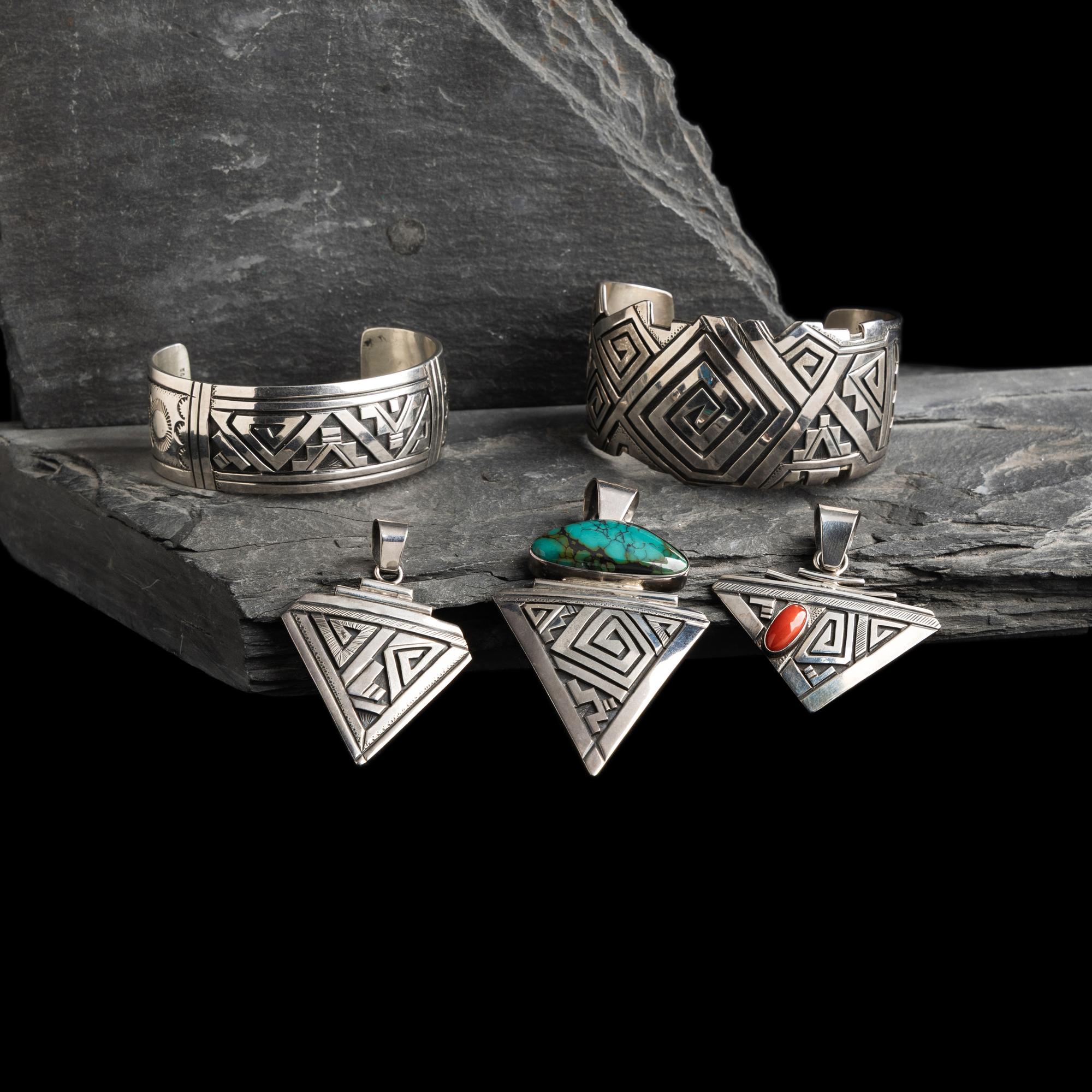 Peter Nelson (Diné, b. 1954) — Collection of Sterling Silver Cuff Bracelets and Pendants