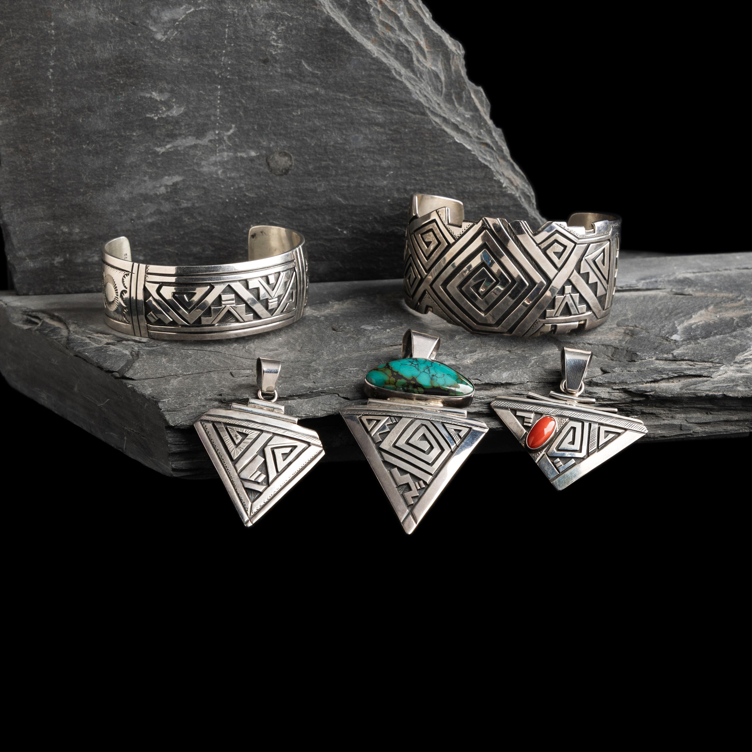 Peter Nelson (Diné, b. 1954) — Collection of Sterling Silver Cuff Bracelets and Pendants