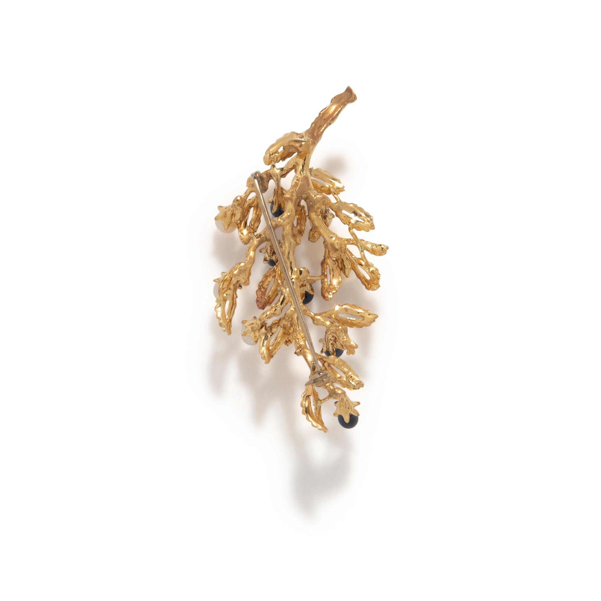 LAPIS LAZULI, CULTURED PEARL, AND YELLOW GOLD FOLIATE BROOCH