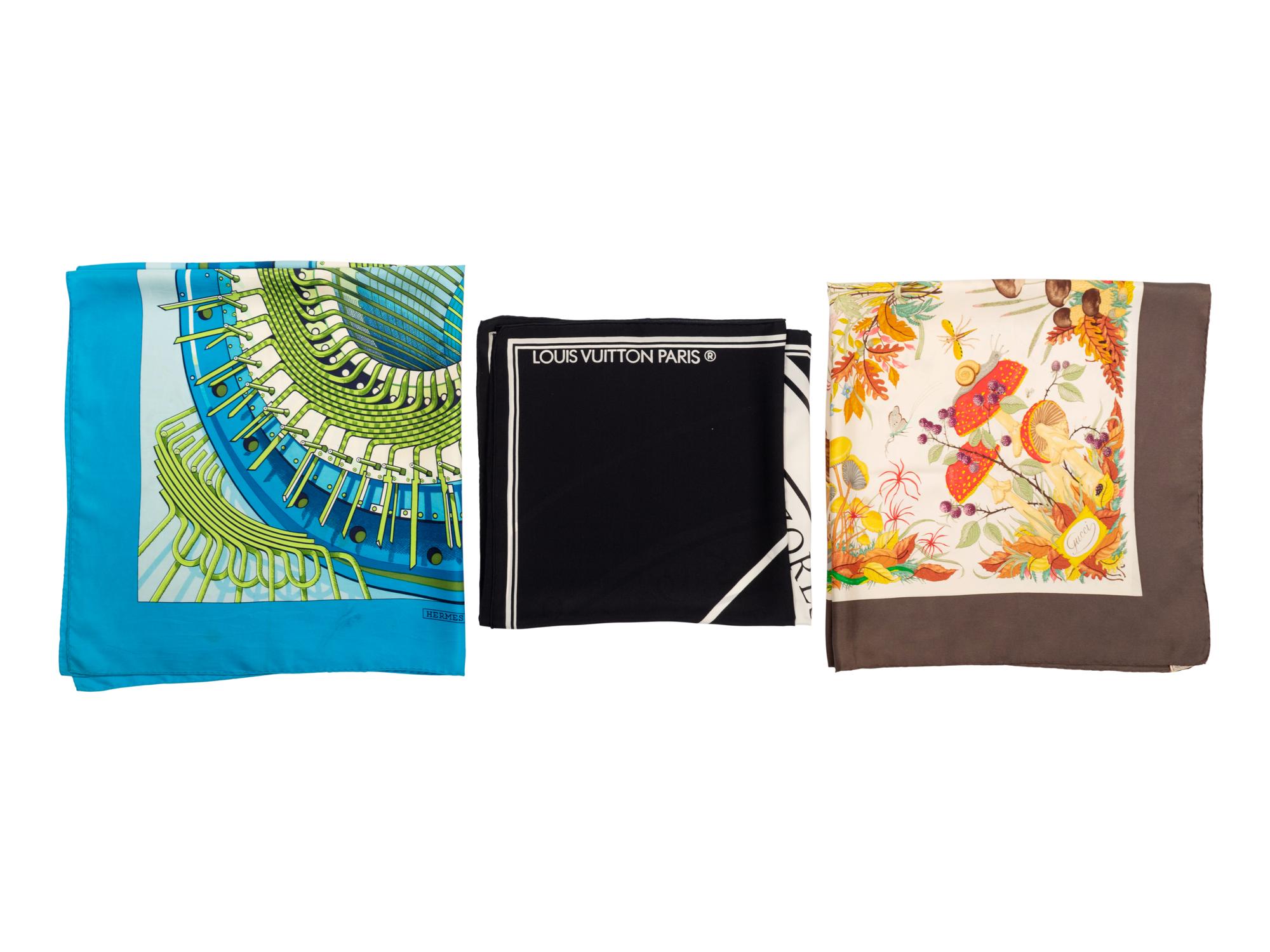 Three Designer Silk Scarves: One Gucci, One Louis Vuitton, and One Hermès
