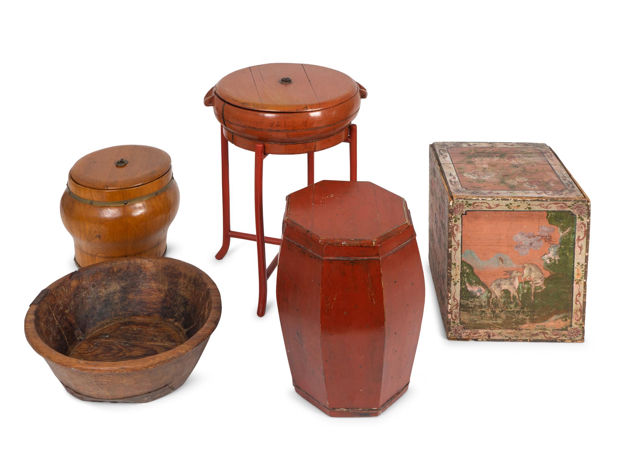 Five Asian Lacquer and Painted Wood Containers — 20TH CENTURY
