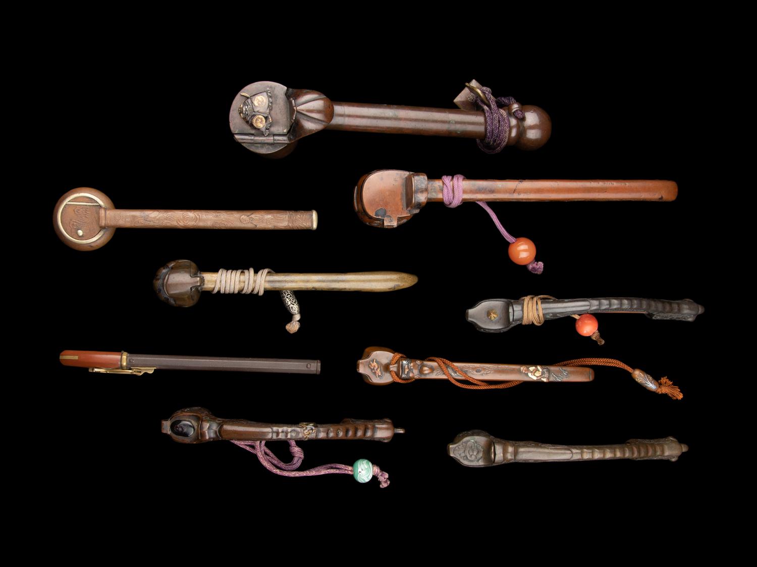 Nine Japanese Portable Bronze Writing Sets, Yatate