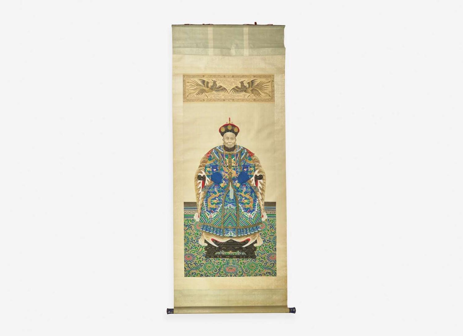 An impressive and large Chinese portrait of a member of the Imperial Court, Qing dynasty 皇室成員祖先畫 清