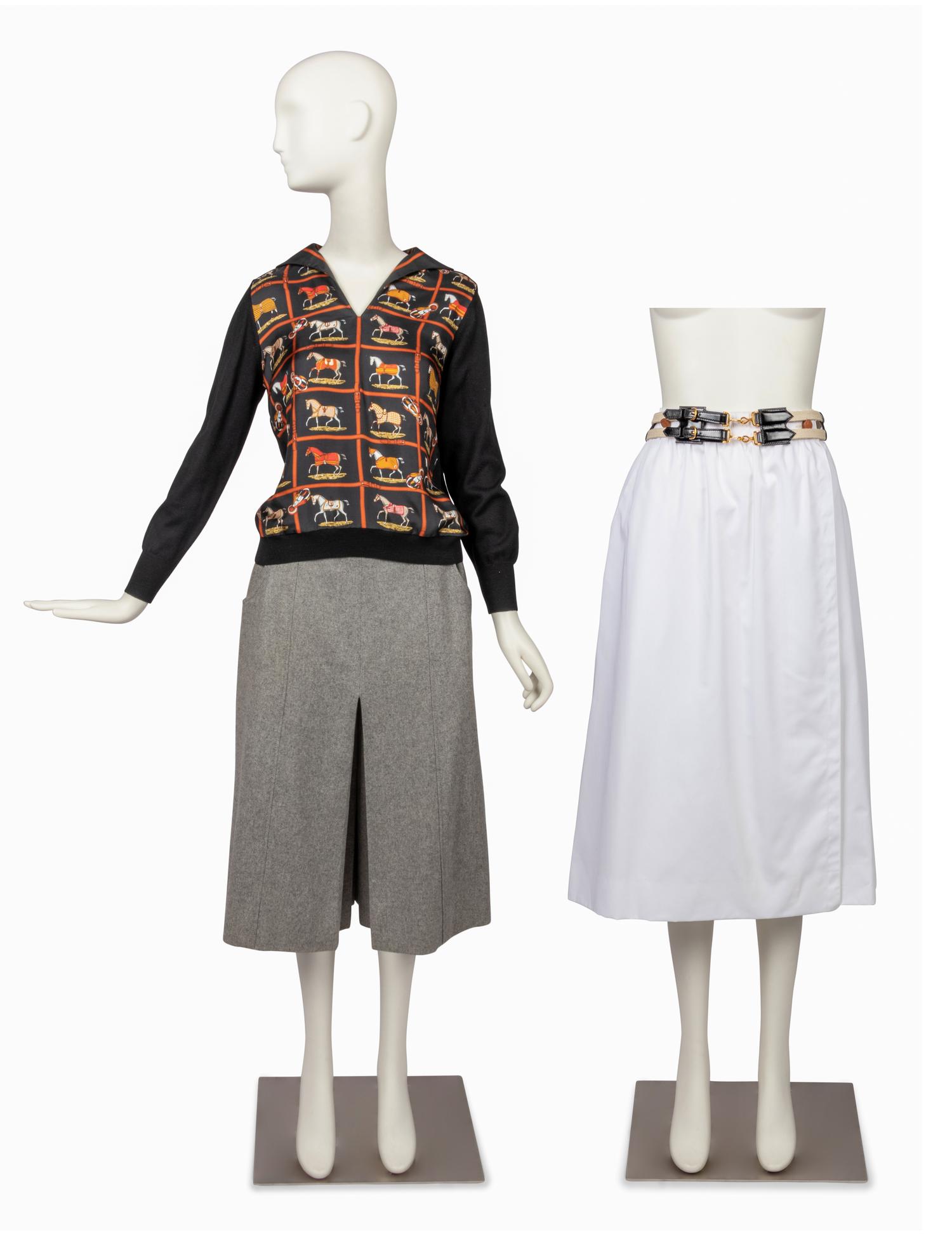 Hermès Collection: Silk Print Blouse, One Skirt, One Culotte, One Belt, 1970-80s