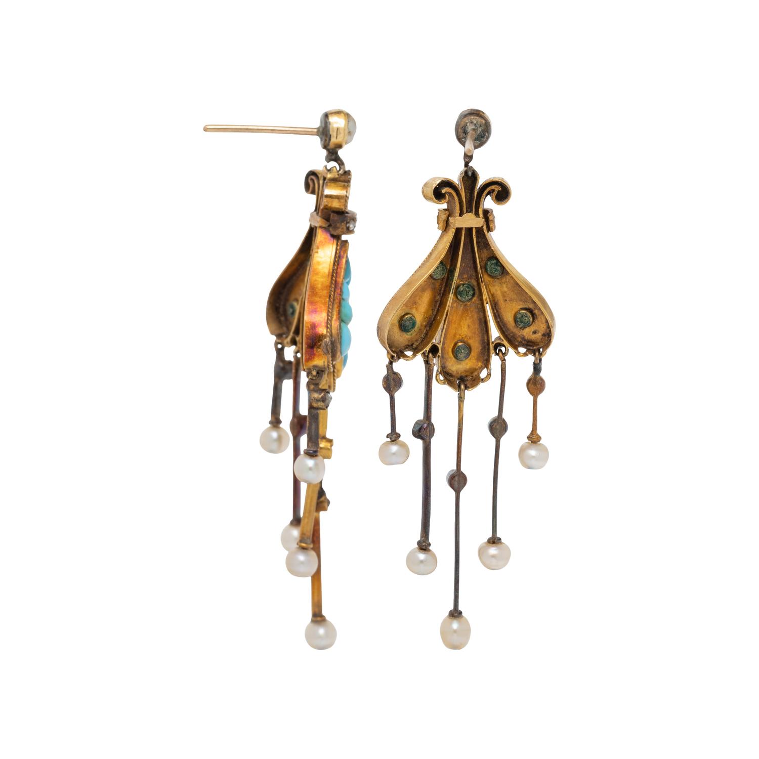 VICTORIAN, TURQUOISE, SEED PEARL, AND DIAMOND EARRINGS