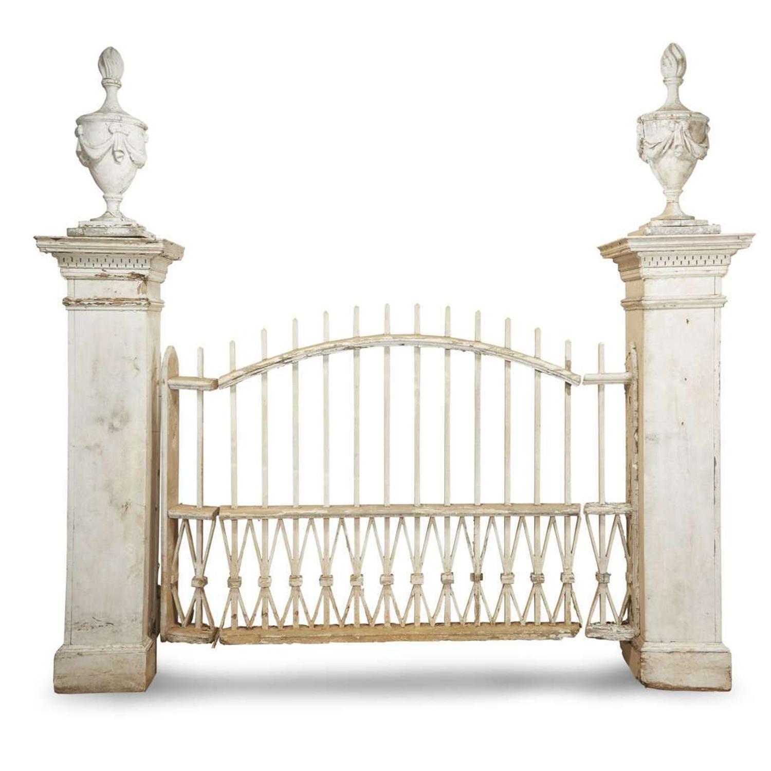 After Samuel McIntire (1757-1811) Carved and painted Federal-style gateposts and gate modeled after the Peirce-Nichol House gate, Salem, Massachusetts, circa 1925