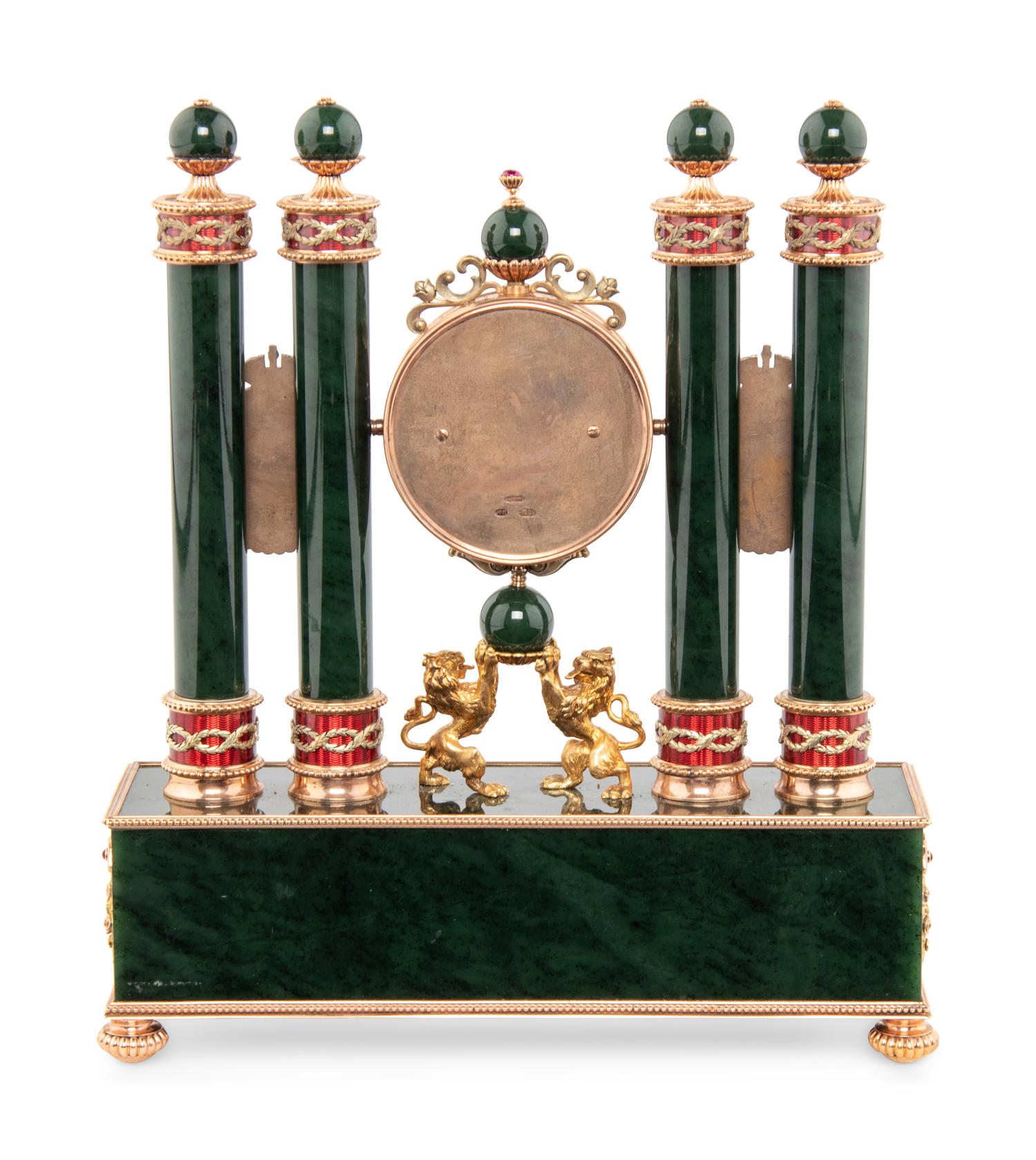 A Gold, Guilloché Enamel, Silver-Gilt and Gemstone-Mounted Nephrite Clock