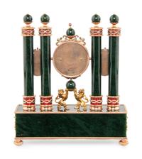 A Gold, Guilloché Enamel, Silver-Gilt and Gemstone-Mounted Nephrite Clock