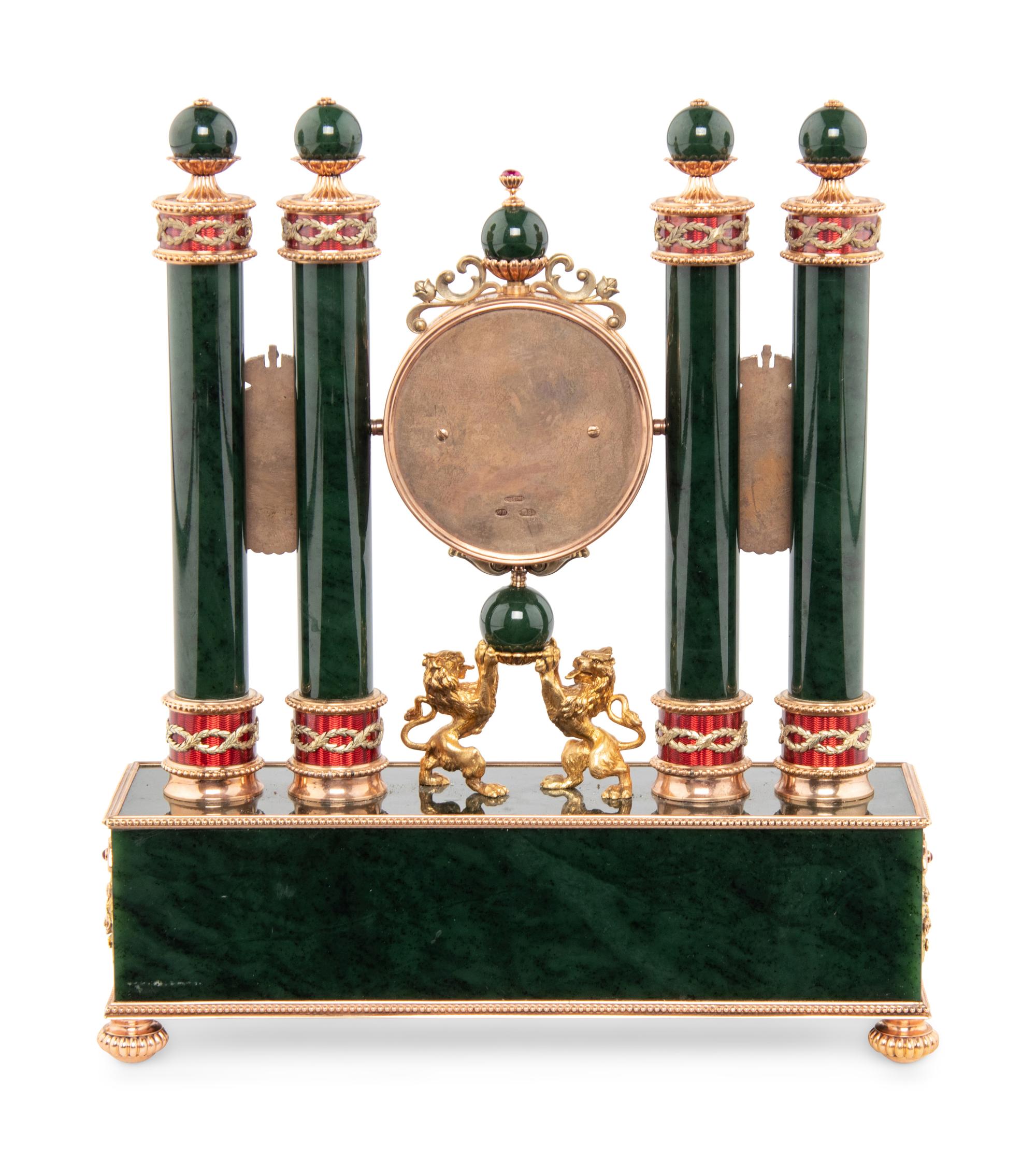 A Gold, Guilloché Enamel, Silver-Gilt and Gemstone-Mounted Nephrite Clock