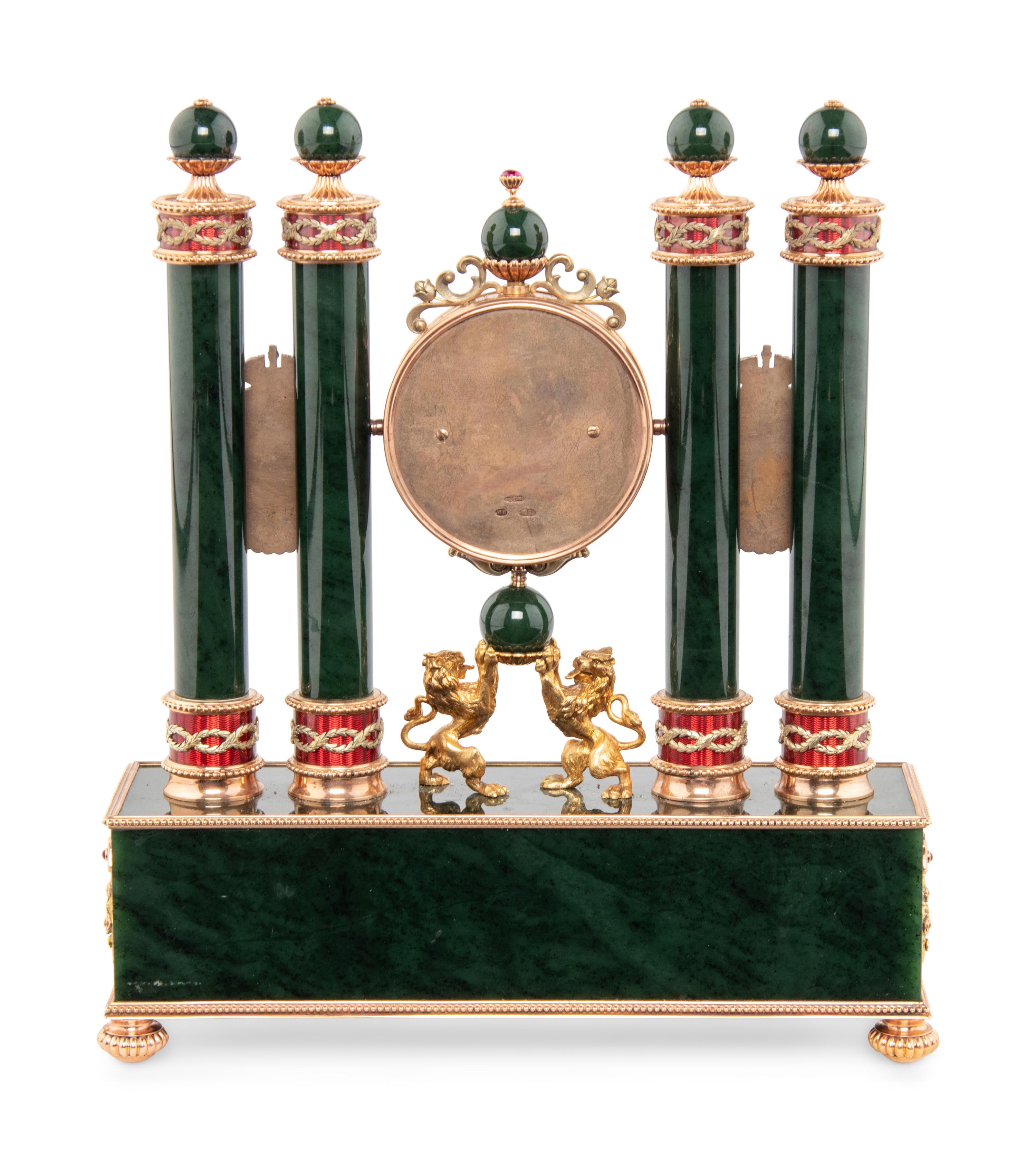 A Gold, Guilloché Enamel, Silver-Gilt and Gemstone-Mounted Nephrite Clock