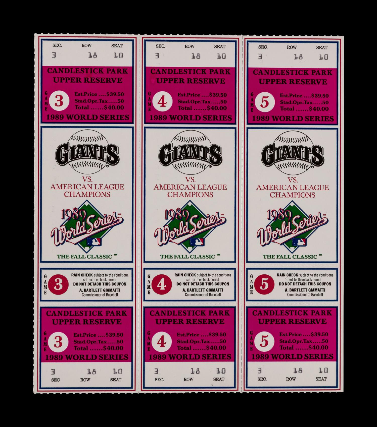 An Uncut Sheet of 1989 World Series San Francisco Giants vs. Oakland A's Tickets Including Game 3 Candlestick Park Earthquake Game