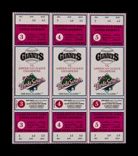 An Uncut Sheet of 1989 World Series San Francisco Giants vs. Oakland A's Tickets Including Game 3 Candlestick Park Earthquake Game