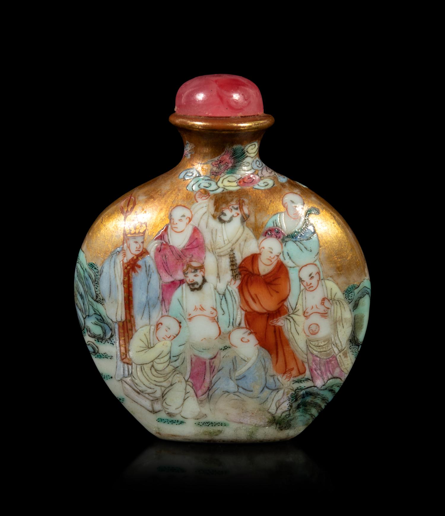 A Gilt Ground Famille Rose Porcelain 'Luohan' Snuff Bottle