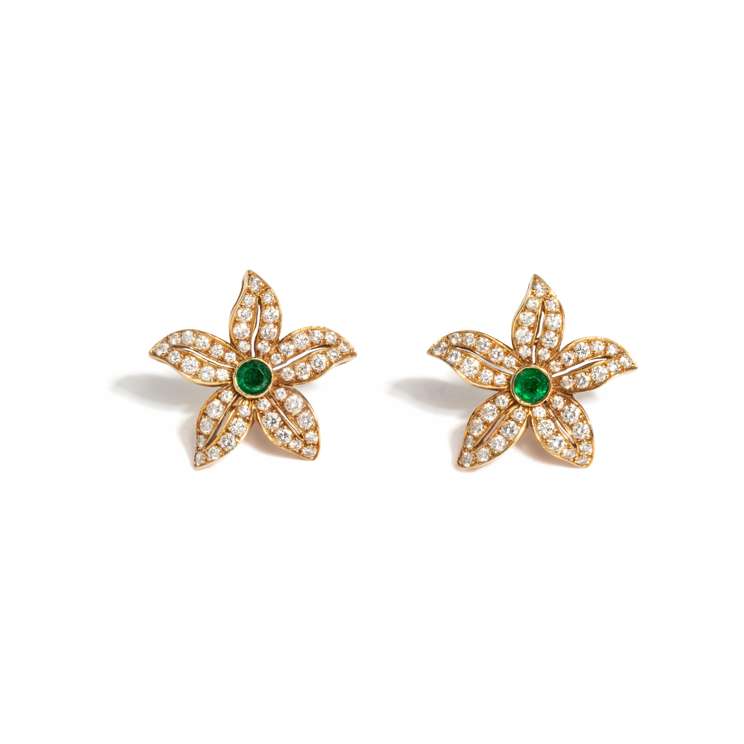 DIAMOND AND EMERALD FLOWER EARRINGS