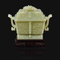 A Chinese carved pale celadon jade censer and cover, Fang Ding