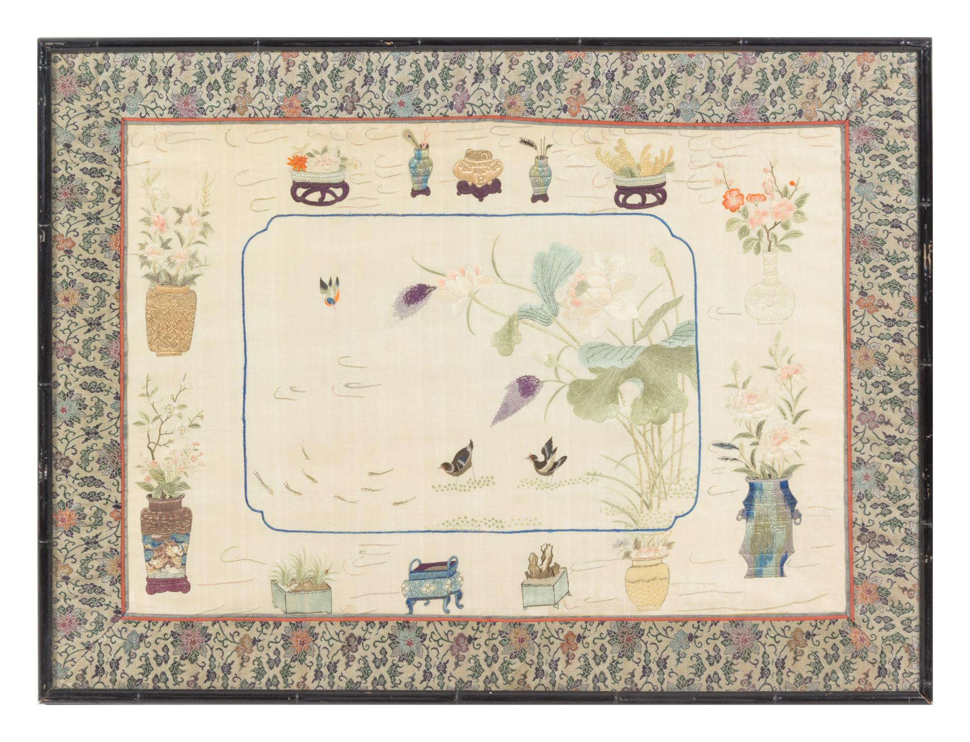 Three Chinese Embroidered Silk Panels — 19TH CENTURY