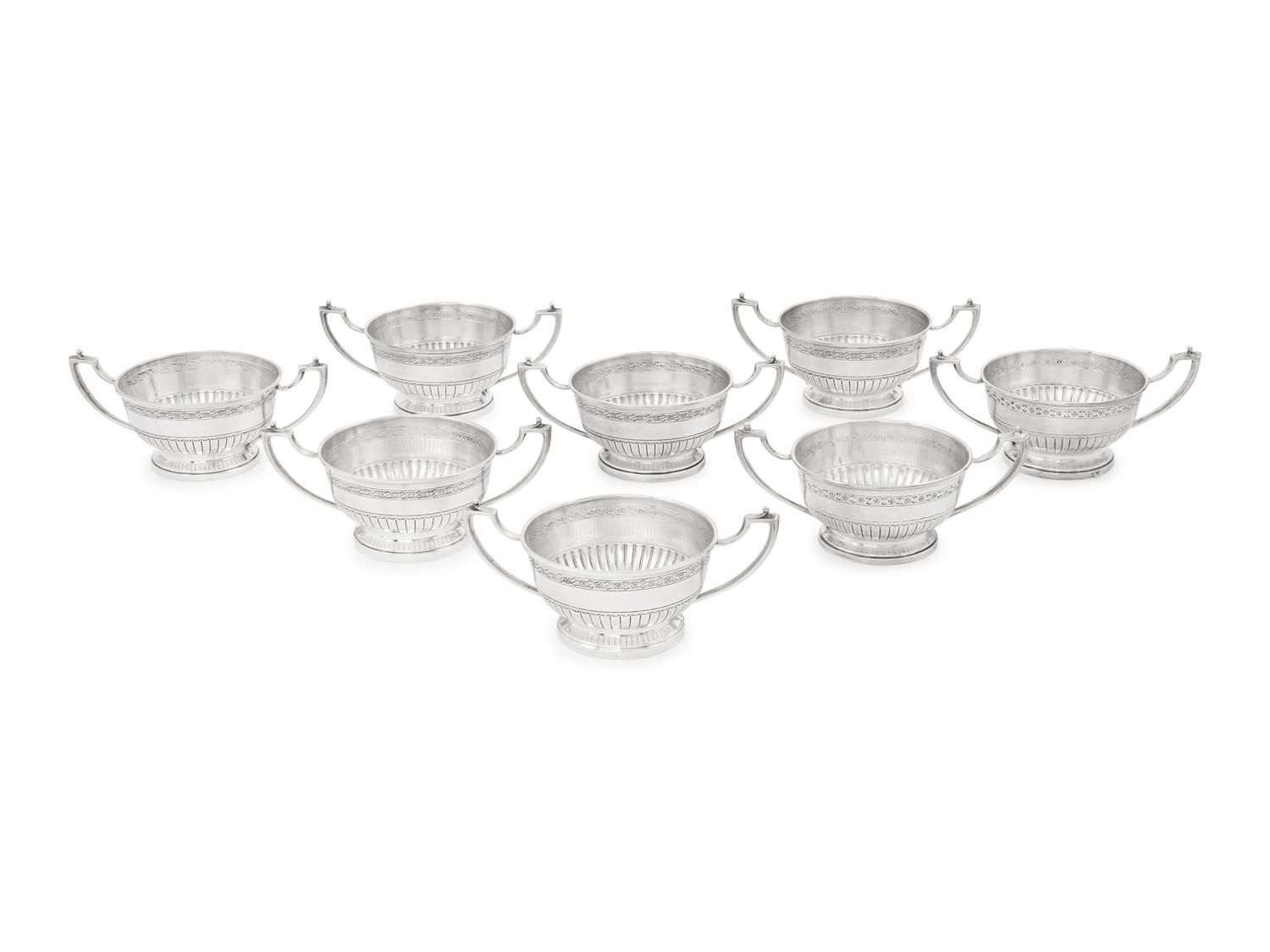 An Assembled Set of American Silver Demitasse Cups, Soups and Desserts