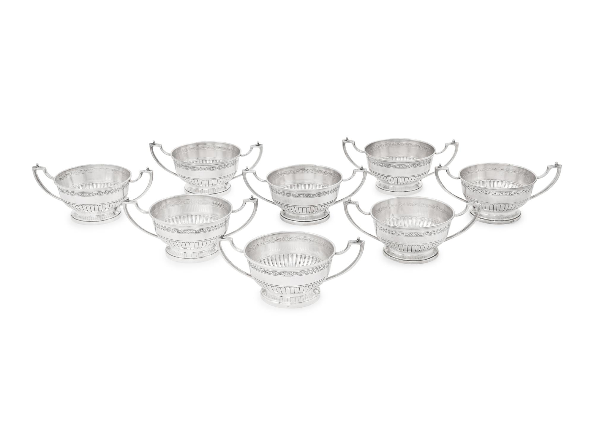 An Assembled Set of American Silver Demitasse Cups, Soups and Desserts