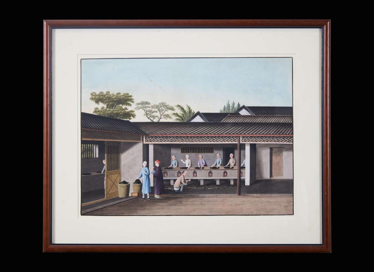 A group of five Chinese Export paintings depicting the manufacture of tea, first part 19th century 製茶圖一組五幅 十九世紀初