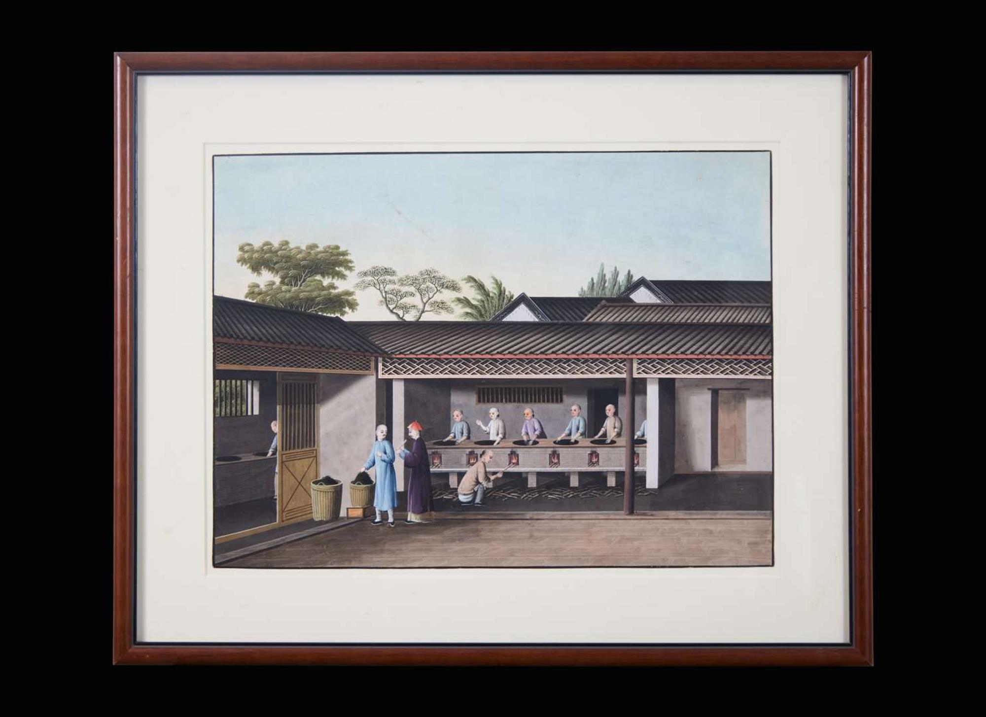 A group of five Chinese Export paintings depicting the manufacture of tea, first part 19th century 製茶圖一組五幅 十九世紀初