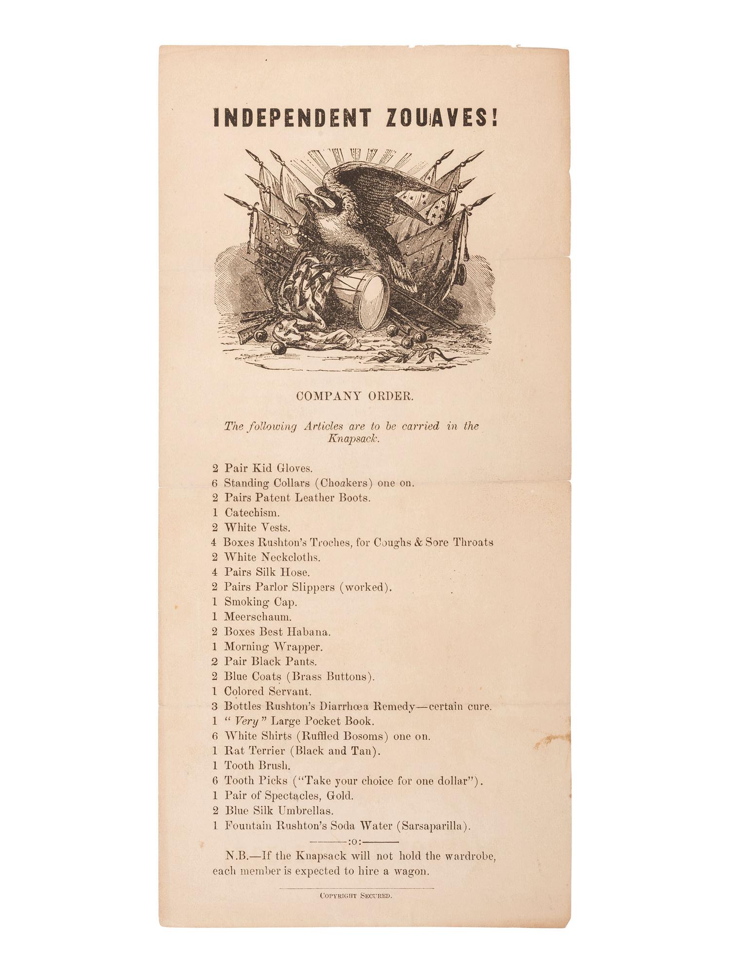 [CIVIL WAR]. Independent Zouaves! Farcical illustrated flyer aimed at the Zouave regiments.