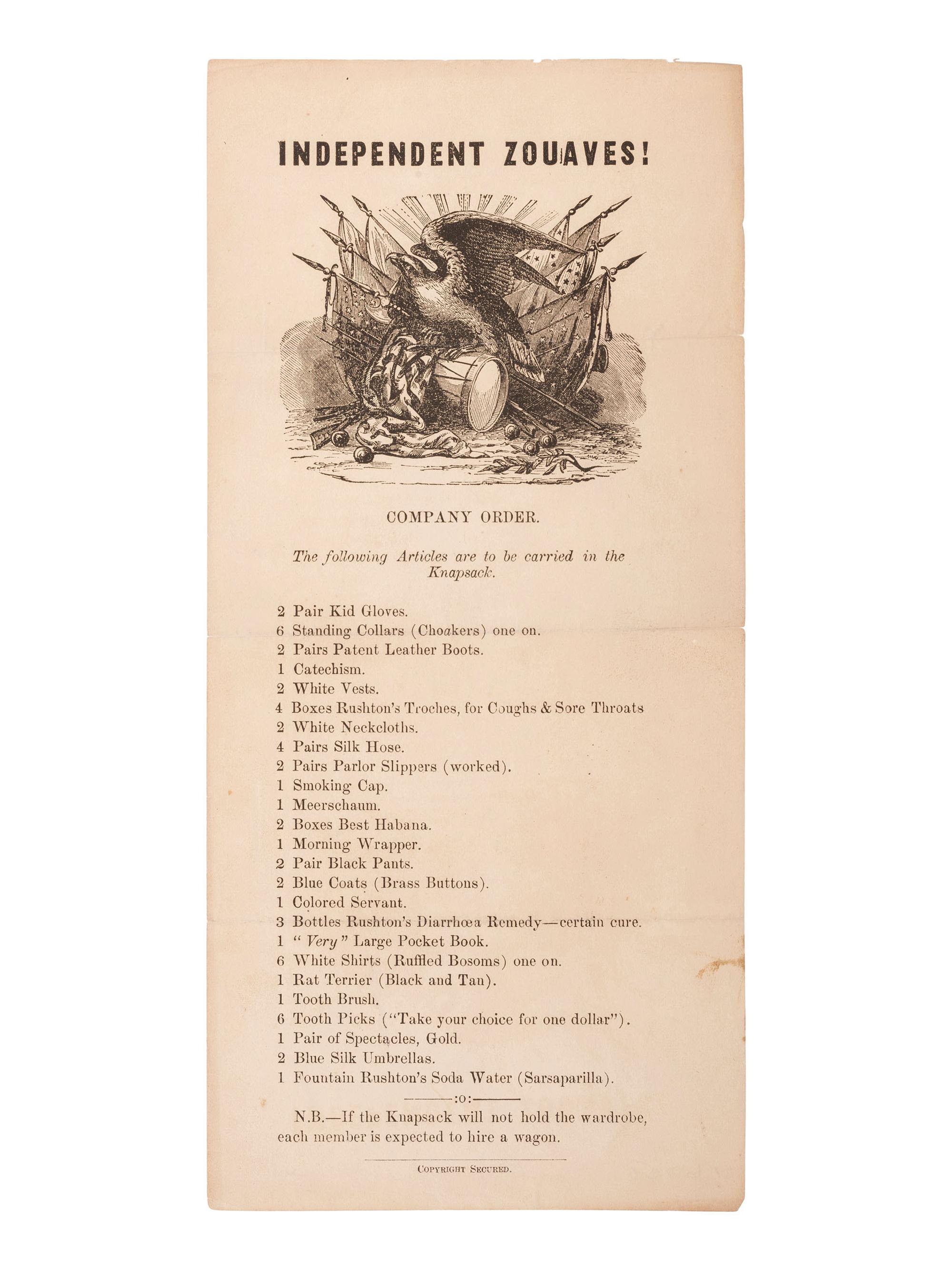 [CIVIL WAR]. Independent Zouaves! Farcical illustrated flyer aimed at the Zouave regiments.