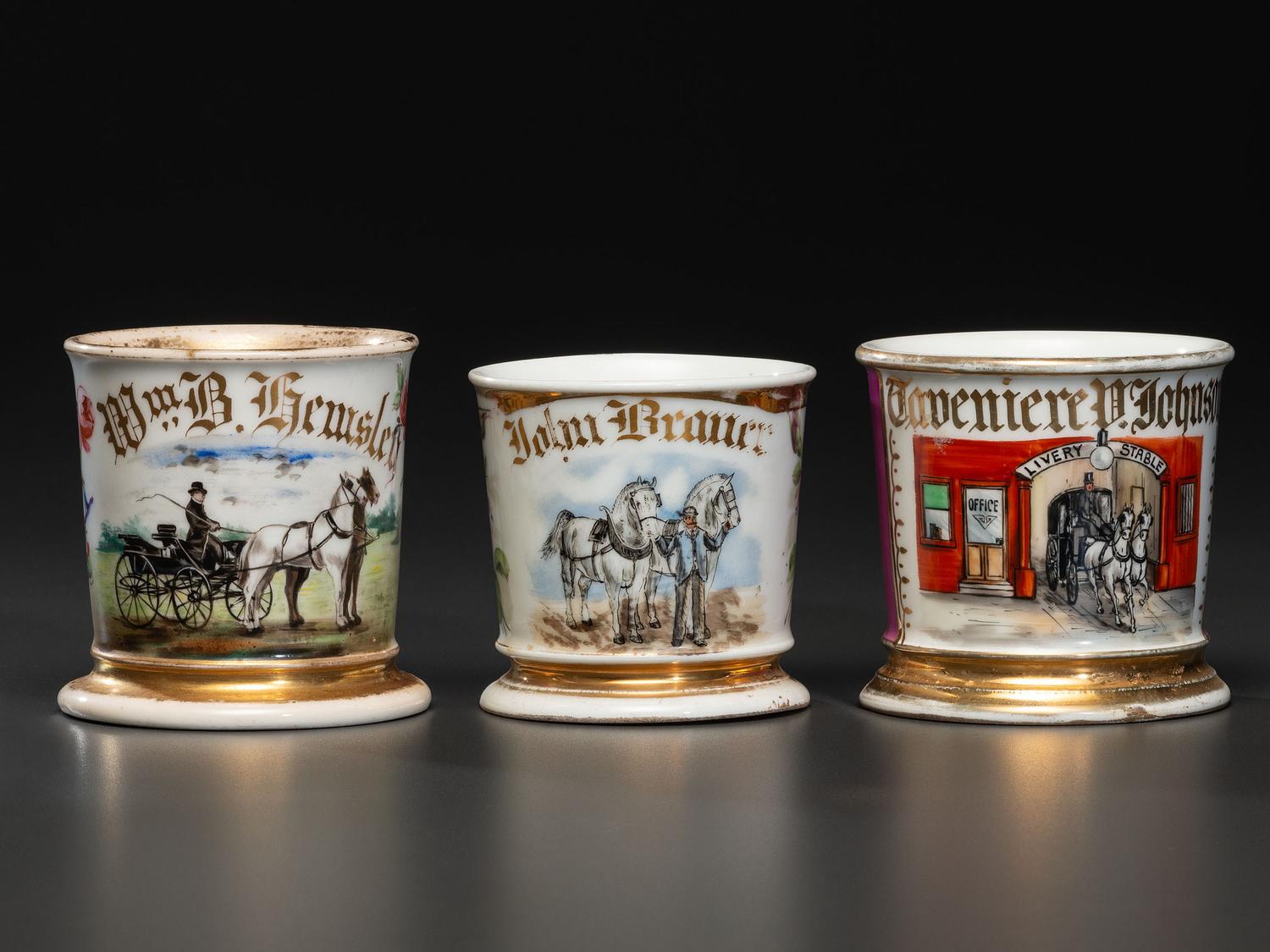 Three Equine Related Porcelain Occupational Shaving Mugs