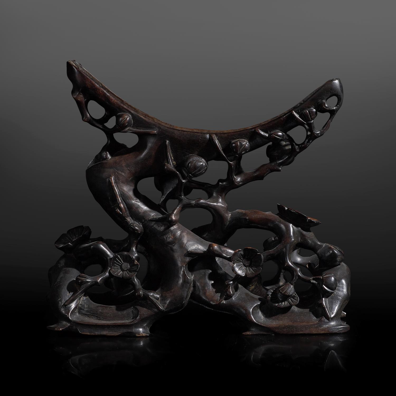 A Chinese Carved and Stained Wood Stand, Late Qing-Republic Period 晚清民國 梅花紋木座