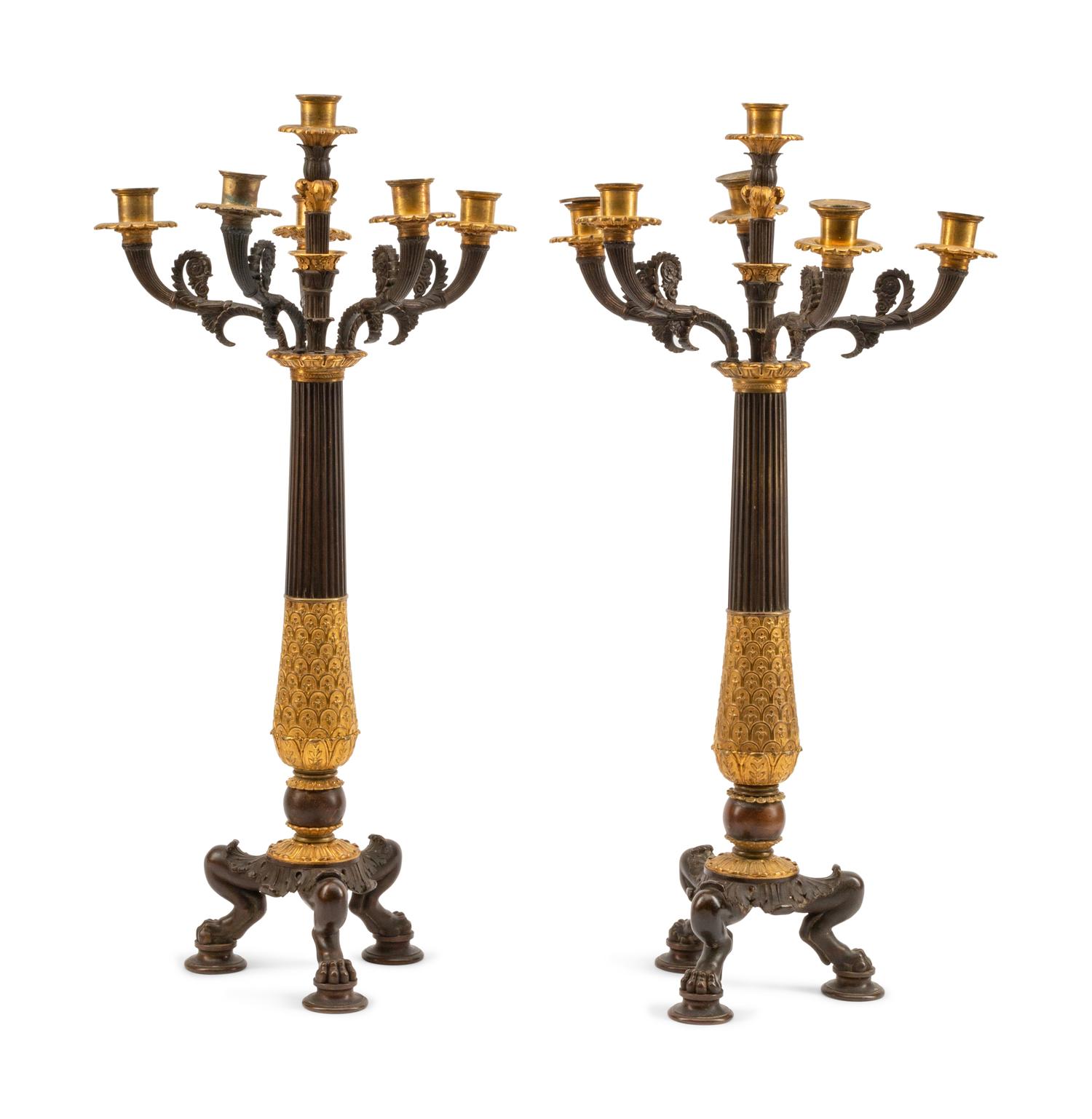 A Pair of Empire Style Parcel-Gilt and Patinated Bronze Six-Light Candelabra — 19TH CENTURY