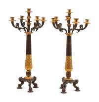 A Pair of Empire Style Parcel-Gilt and Patinated Bronze Six-Light Candelabra — 19TH CENTURY