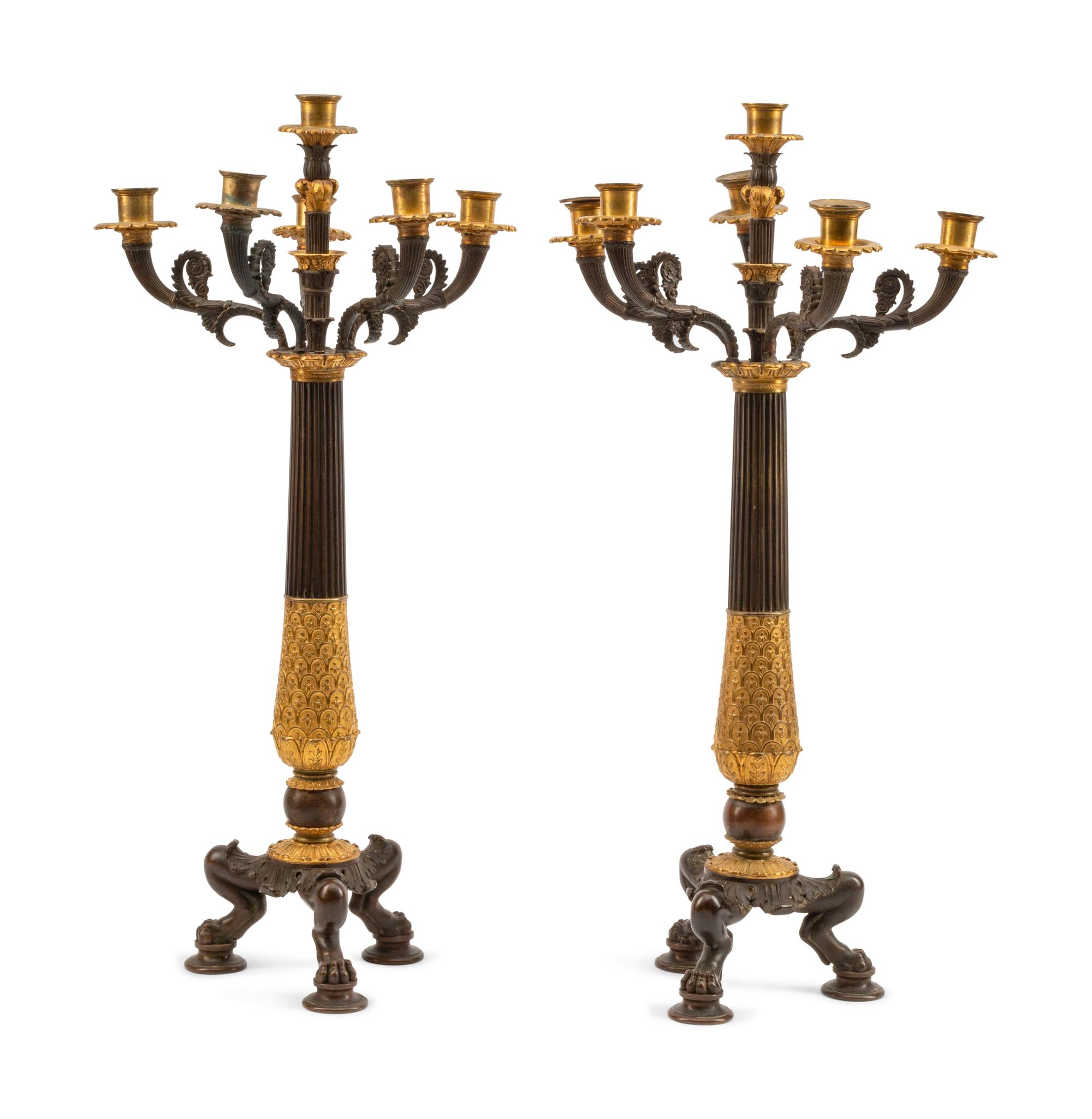 A Pair of Empire Style Parcel-Gilt and Patinated Bronze Six-Light Candelabra — 19TH CENTURY