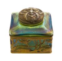An Austrian Glass and Gilt Metal Inkwell, Attributed to Loetz, Width 3 1/4 inches.