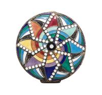 A Soviet Art Deco Enameled Slver Compact, St. Petersburg, 20th Century, of circular form with polychrome geometric decoration.