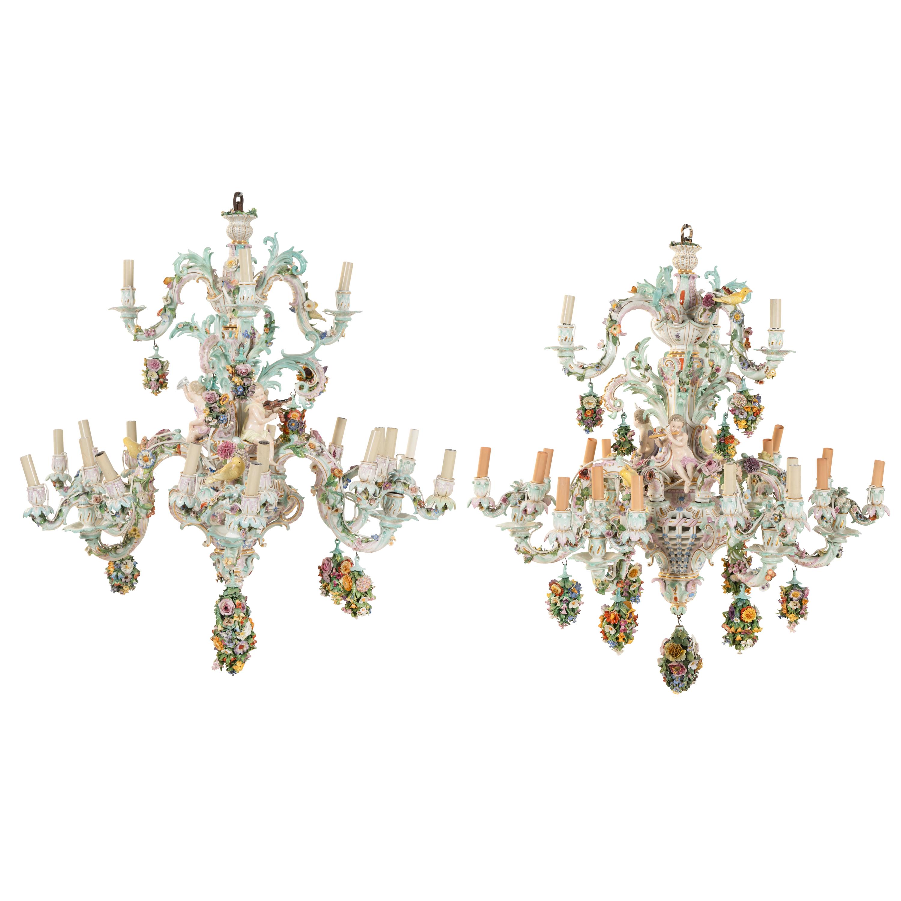 A Near Pair of Meissen Porcelain Chandeliers