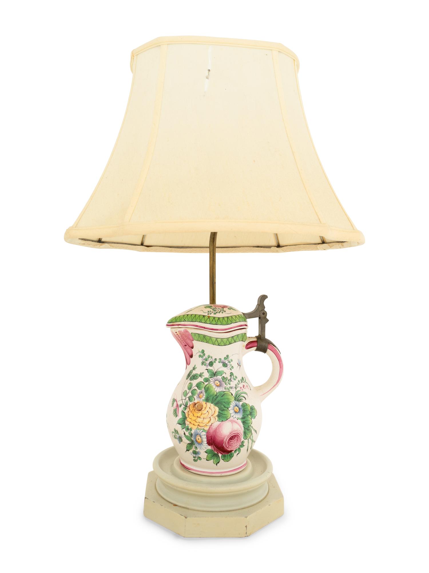 A French Pewter-Mounted Faience Jug Mounted as a Lamp
