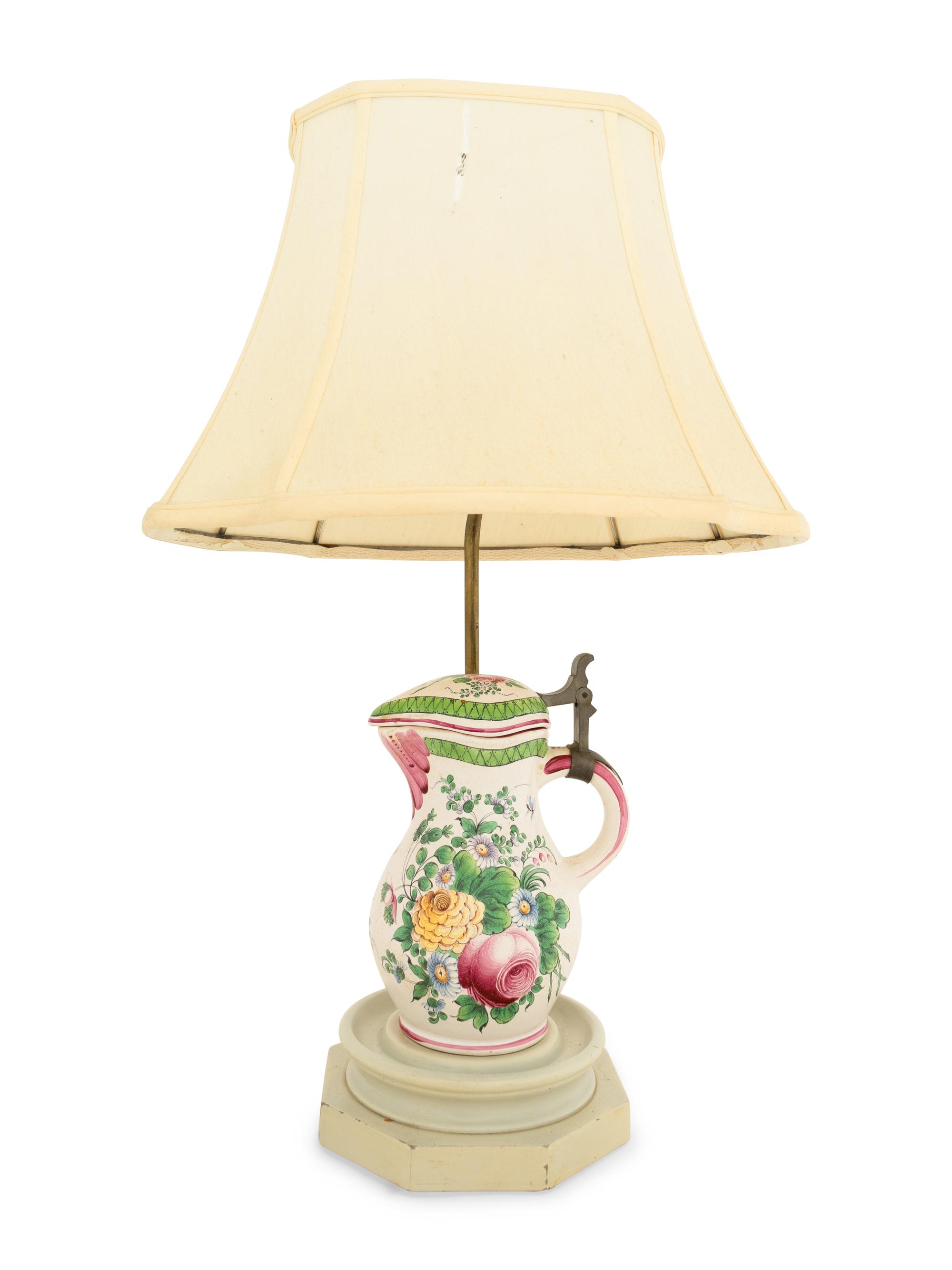 A French Pewter-Mounted Faience Jug Mounted as a Lamp