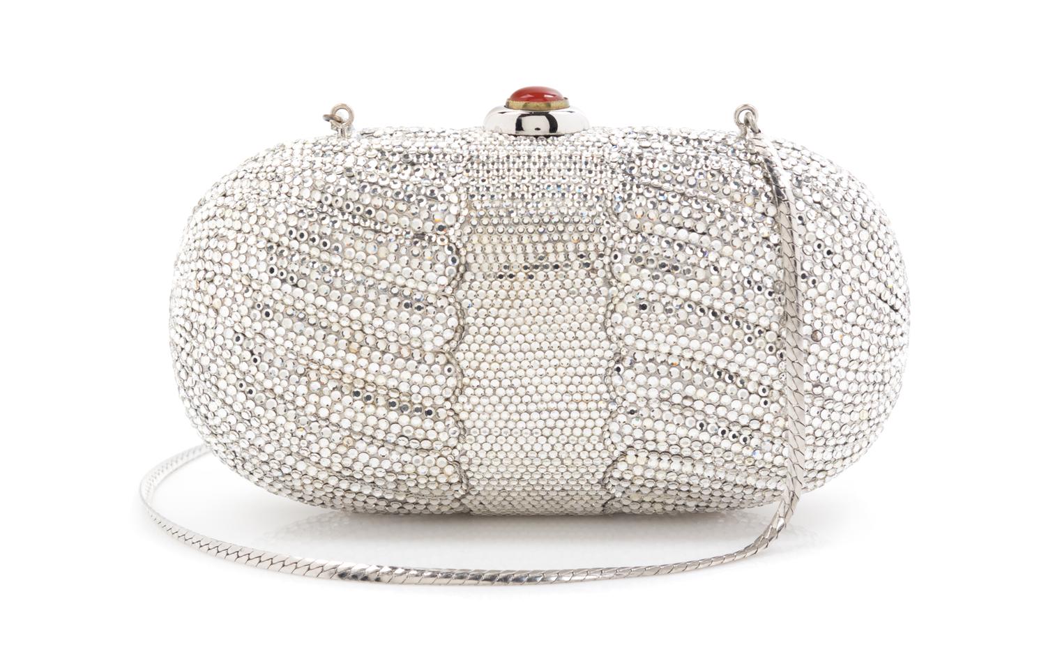 A Judith Leiber Silver Minaudiere Clutch, 6.5" x 3.5" x 2".