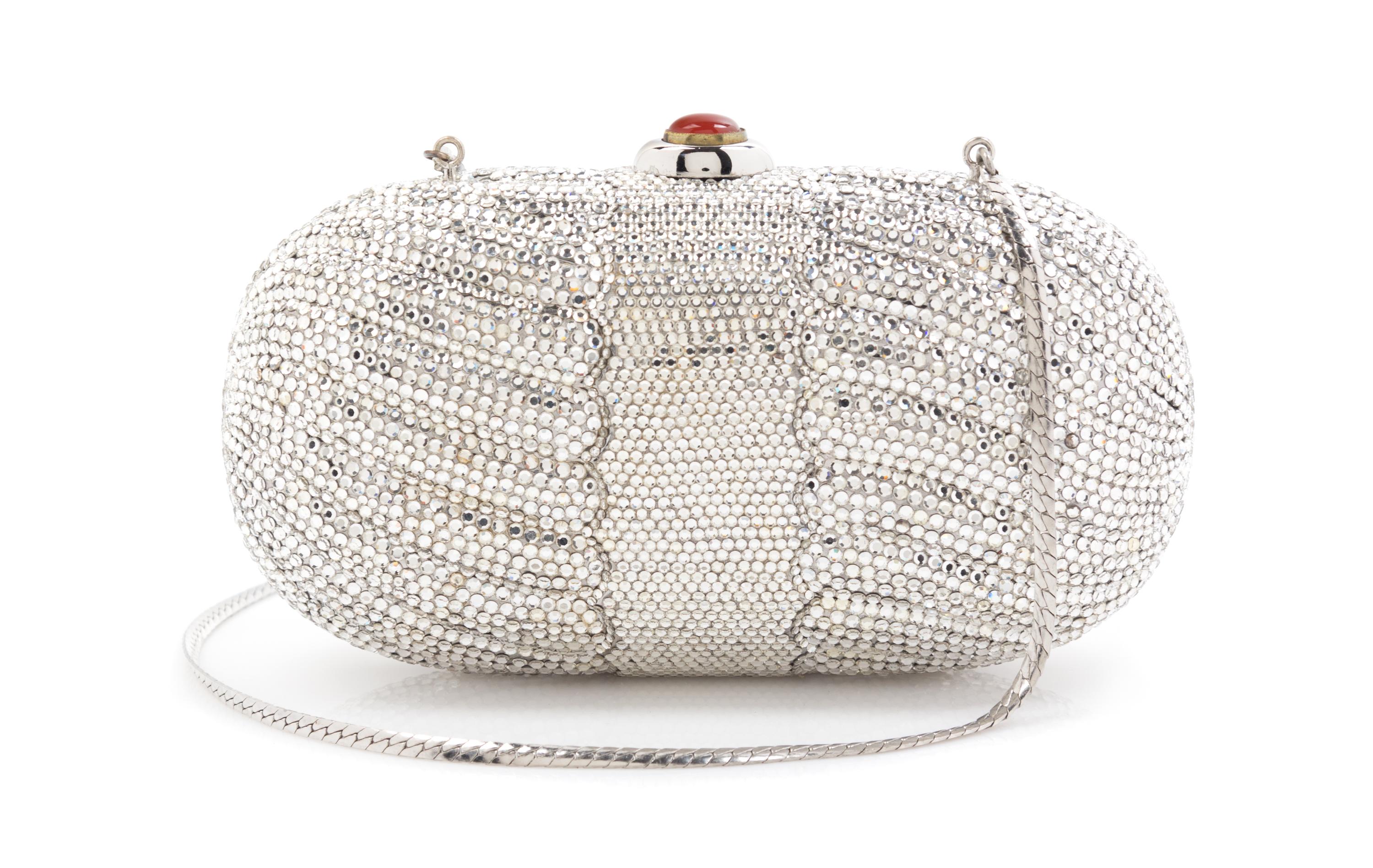 A Judith Leiber Silver Minaudiere Clutch, 6.5" x 3.5" x 2".