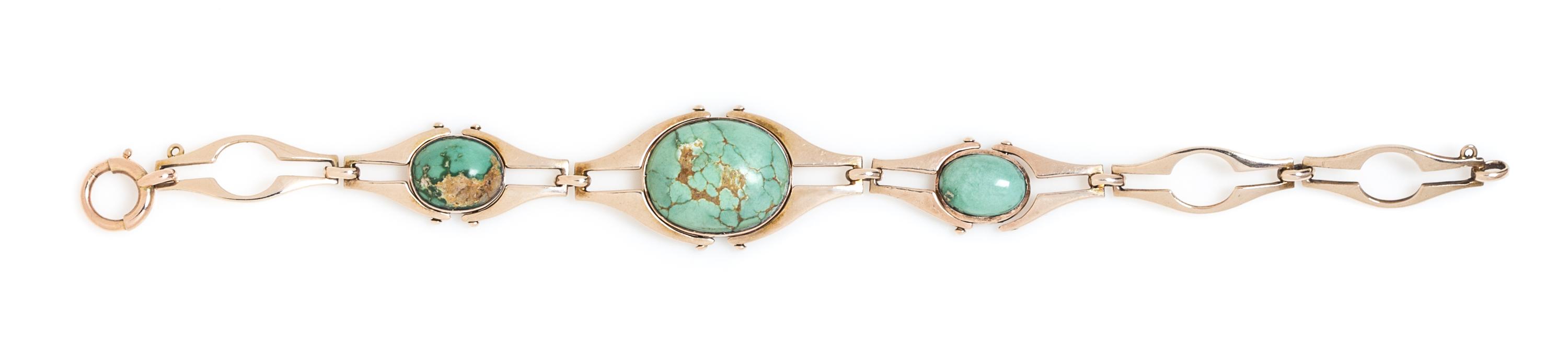 An Art Nouveau 9 Karat Rose Gold and Turquoise Bracelet, Murrle Bennett & Co., 8.30 dwts.