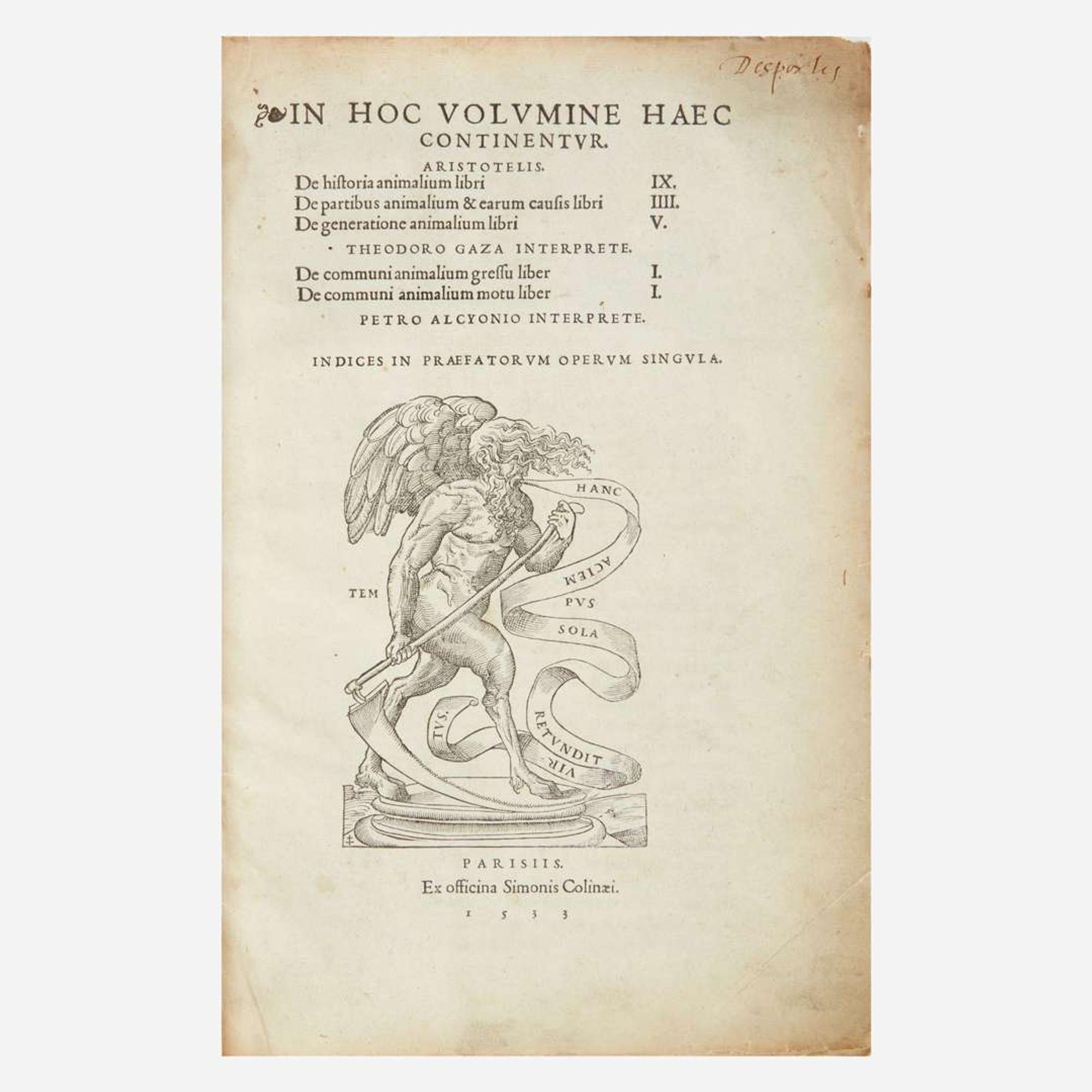 [Early Printing] Aristotle In hoc volumine haec continentur...de historia animalium libri...de partibus animalium & earum causis libri...