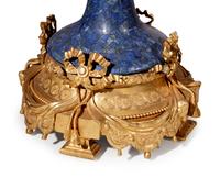 A Pair of Monumental Louis XV Style Gilt Bronze Mounted Lapis Lazuli Veneered Urns