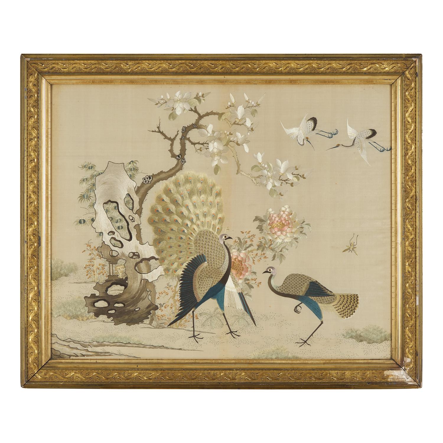 A Cantonese Silk Needlework "Peacocks and Cranes" Panel, 19th Century — 清晚期 粵綉孔雀圖鏡框