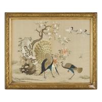 A Cantonese Silk Needlework "Peacocks and Cranes" Panel, 19th Century — 清晚期 粵綉孔雀圖鏡框