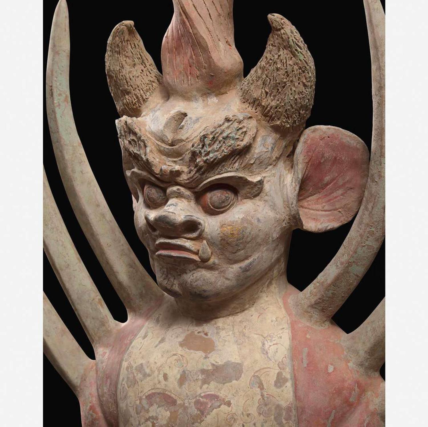 An impressive pair of large painted pottery "Earth Spirits" 镇墓兽一对 Tang dynasty ?