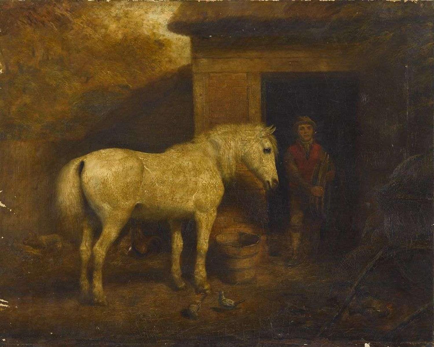 American School 19th century white horse with stable boy in barn